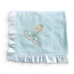 Precious Moments Baby Blanket Blue Fleece Embroidered Satin Trim Vintage 2001